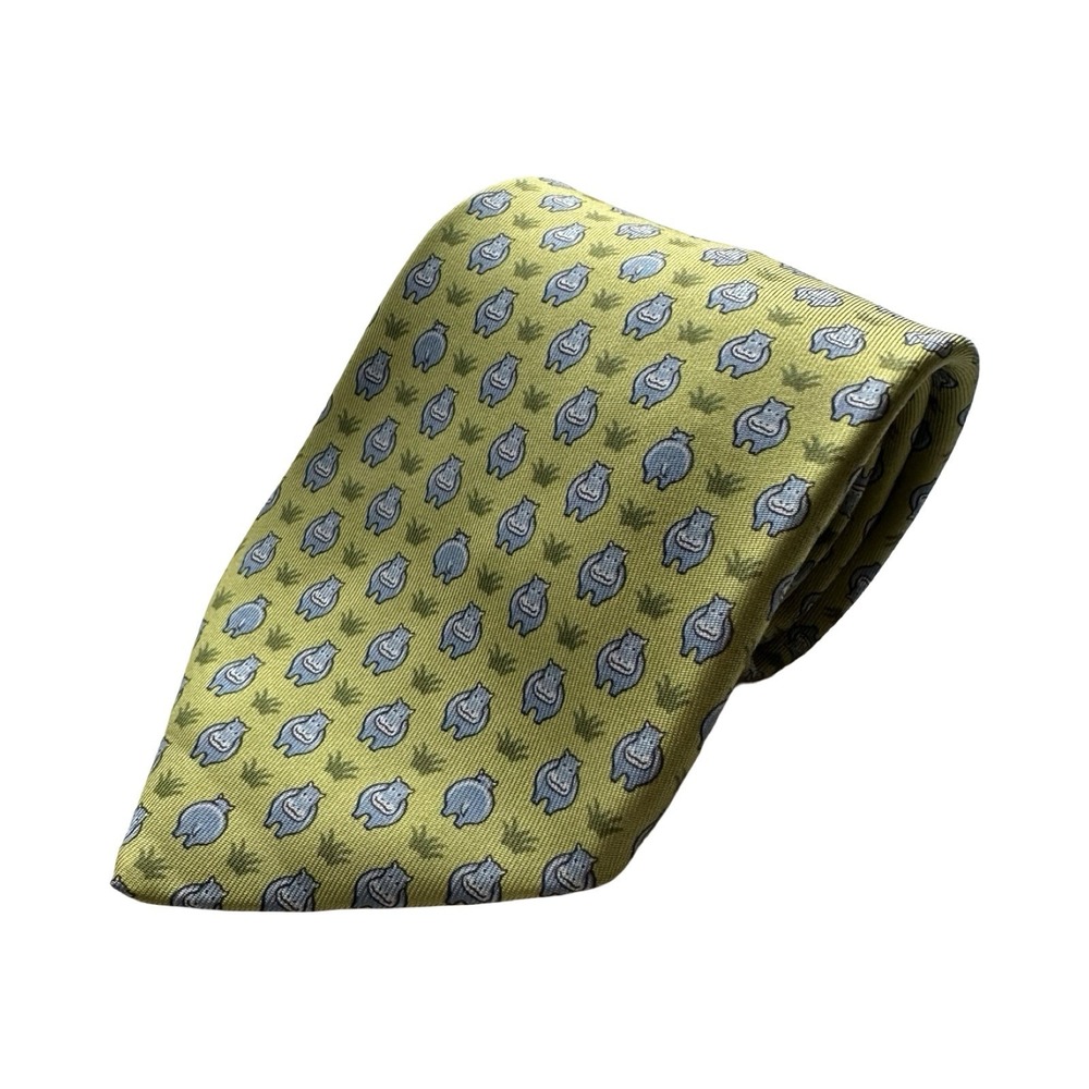Hermes 5195 Green Hippo AOP Men’s Pure Silk Tie 5195 IA